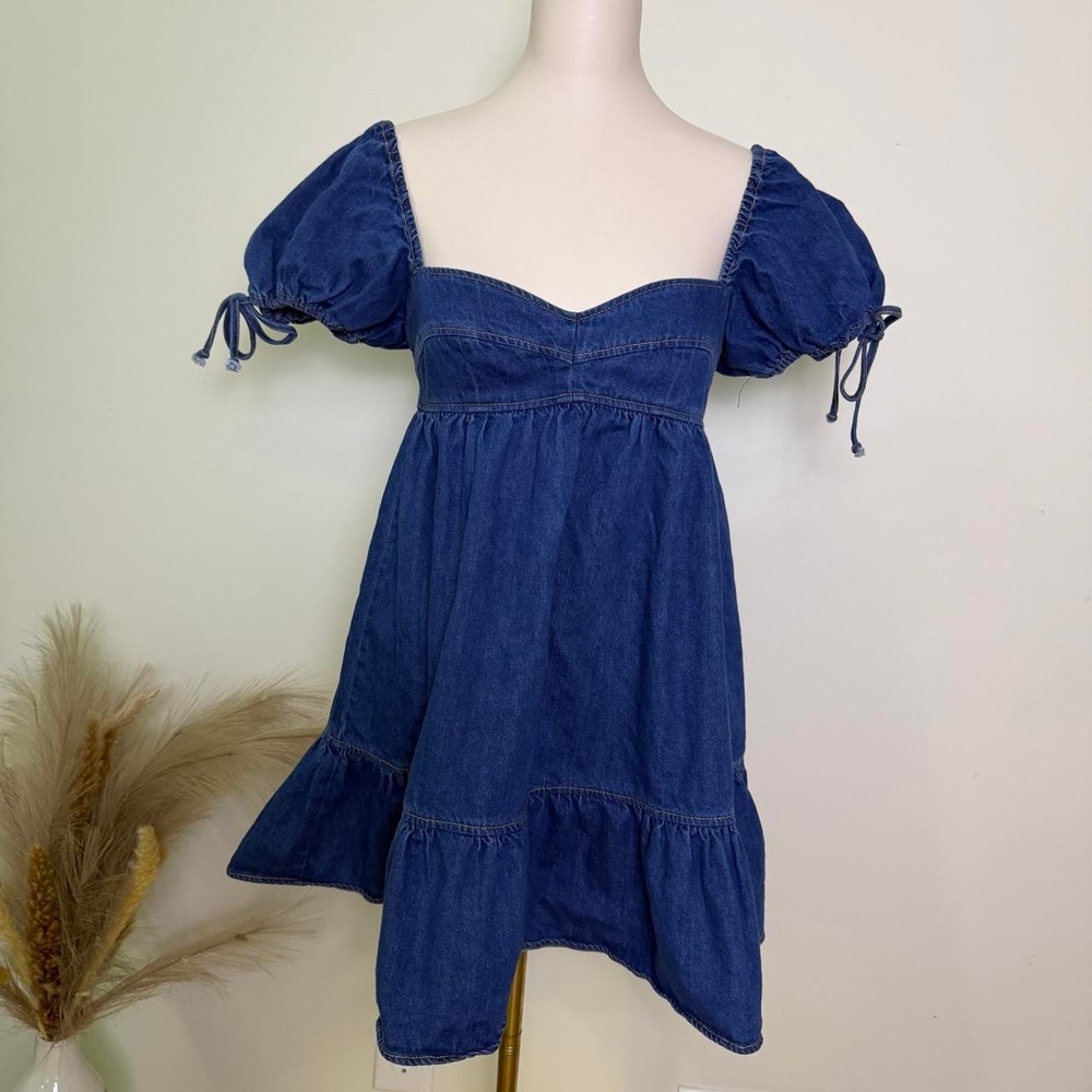 Olivaceous Medium Puff Sleeve Denim Mini Dress